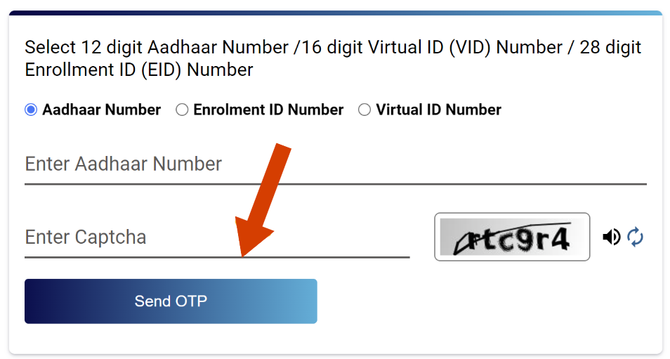 picture showing feildes to enter aadhar card number or enrolment id or virtual id to download aadhar card and send otp option at the end 