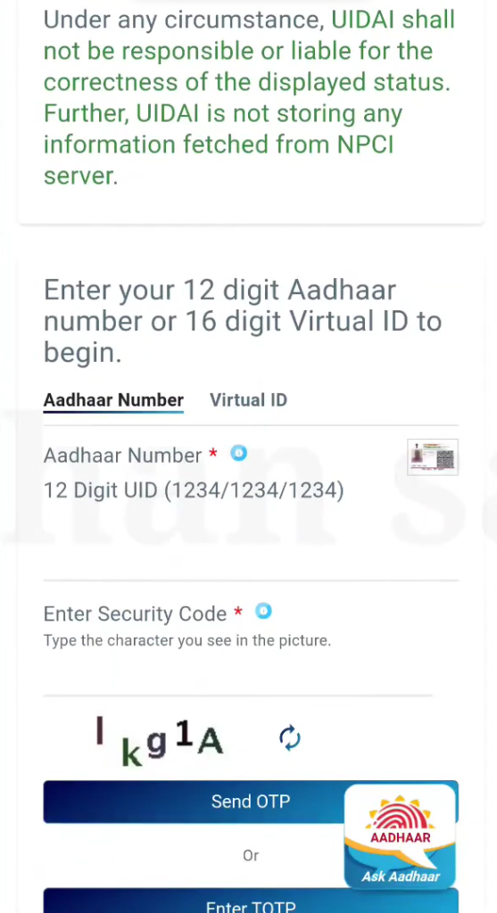 screen showing enter aadhaar card number and security code entering  feilds and then send otp button