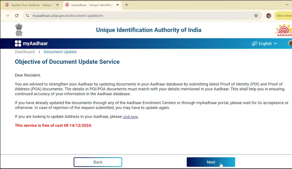 disclaimer/objective of Aadhaar document update, click next