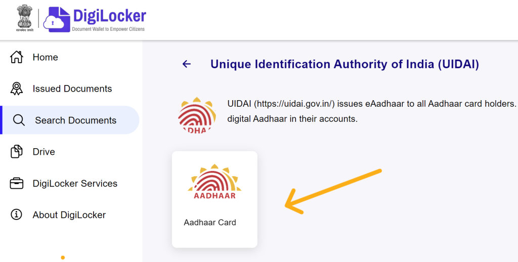 digiloacker screen showing aadhar card option
