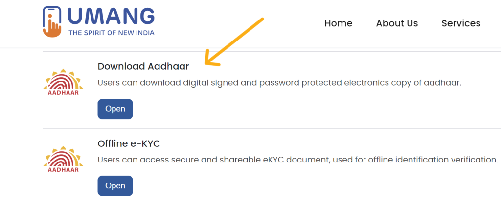 option to download aadhar card in omang portal