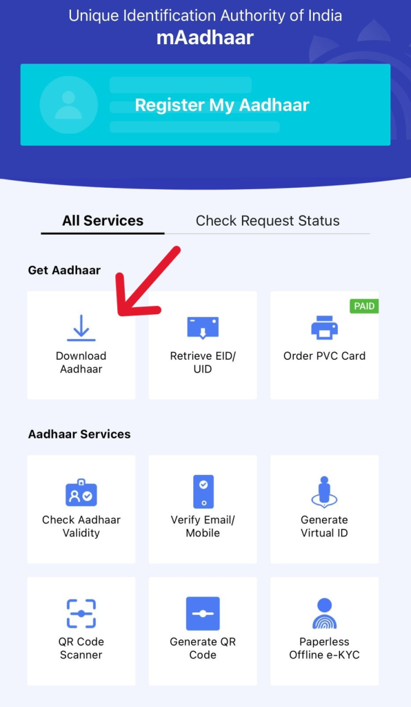 mobile screen showing download aadhaar option