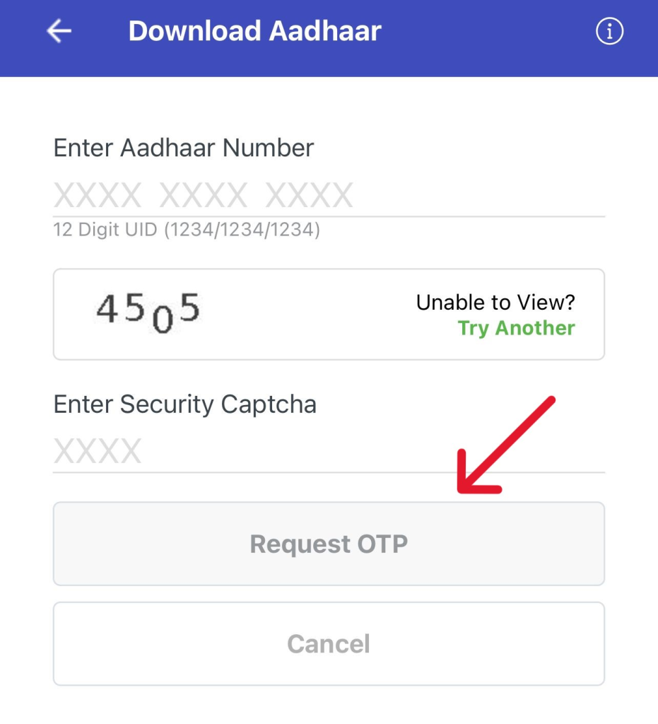 mobile screen showing option to enter aadhar number, solving capcha option and send otp option