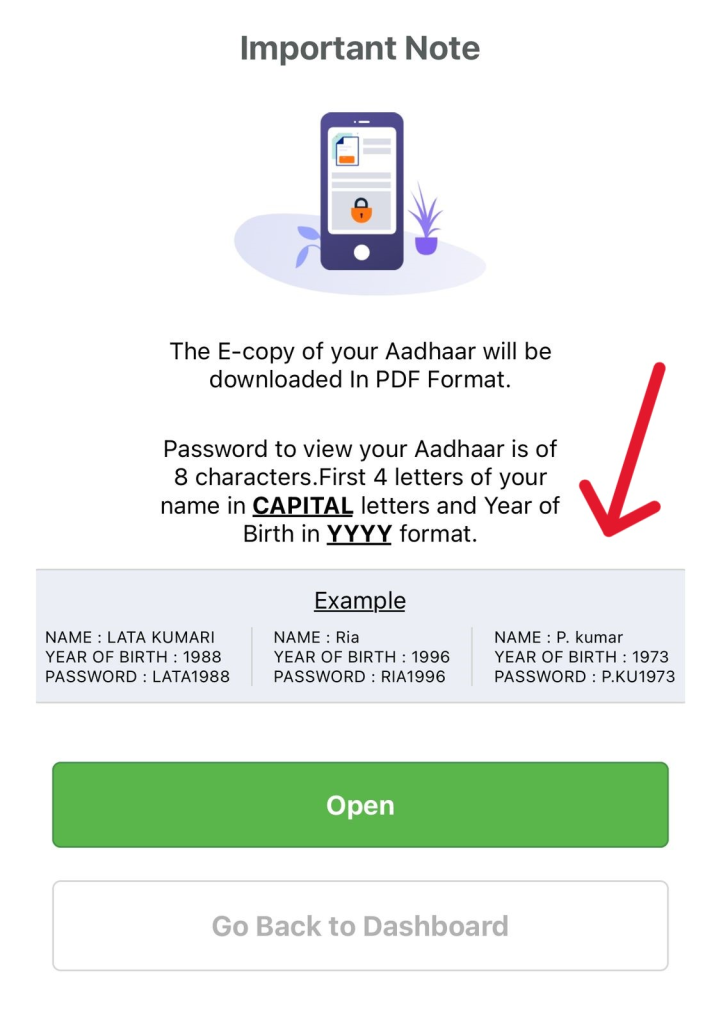 screen showing option to open and view your Aadhar card 